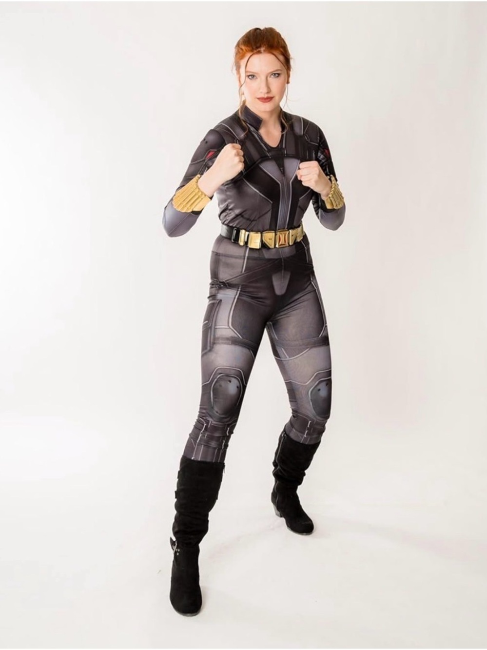 Marvel Black Tactical-Style Jumpsuit with Gold Belt and Cuff Accents